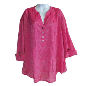 Cocomo Peasant Top lagenlook popover 3X pink 3/4 sleeve roll tab v neck pin tuck